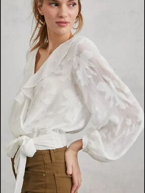Anthropologie Ivory Wrap Blouse with Tie